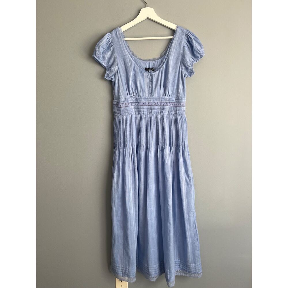 J.Crew 6 Blue Striped Puff Sleeve Midi Dress NWT $188 Cottagecore Lace Trim - Picture 2 of 10